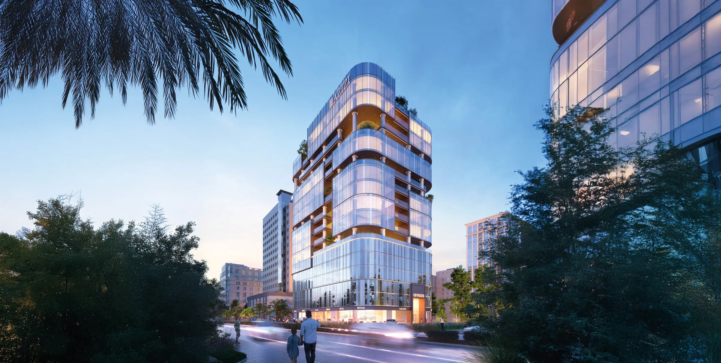 Render of the Azizi Emerald tower in Dubai Healthcare City at dusk, seen from a tree-lined street