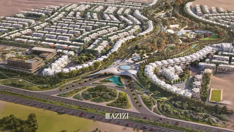 Aerial overview of the Azizi Florence master community showing townhouse and villa clusters across the 30 million sq ft site in Um Fanain, Sharjah