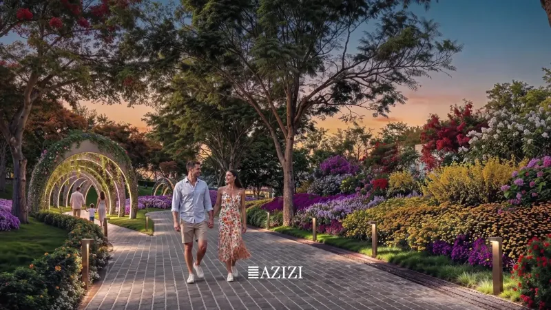 Flowering garden archway on a landscaped walkway at Azizi Florence, Sharjah