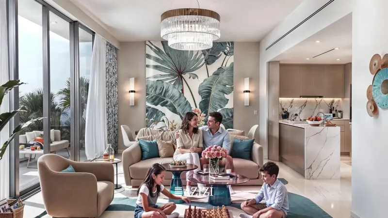 Living room interior of an Azizi Florence home with floor to ceiling windows onto the community