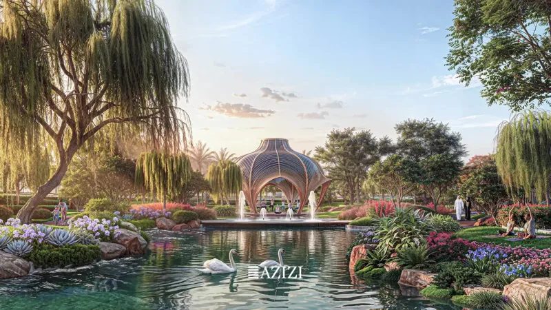 Landscaped lake and garden pavilion within the 1.7 million sq ft central park at Azizi Florence, Sharjah