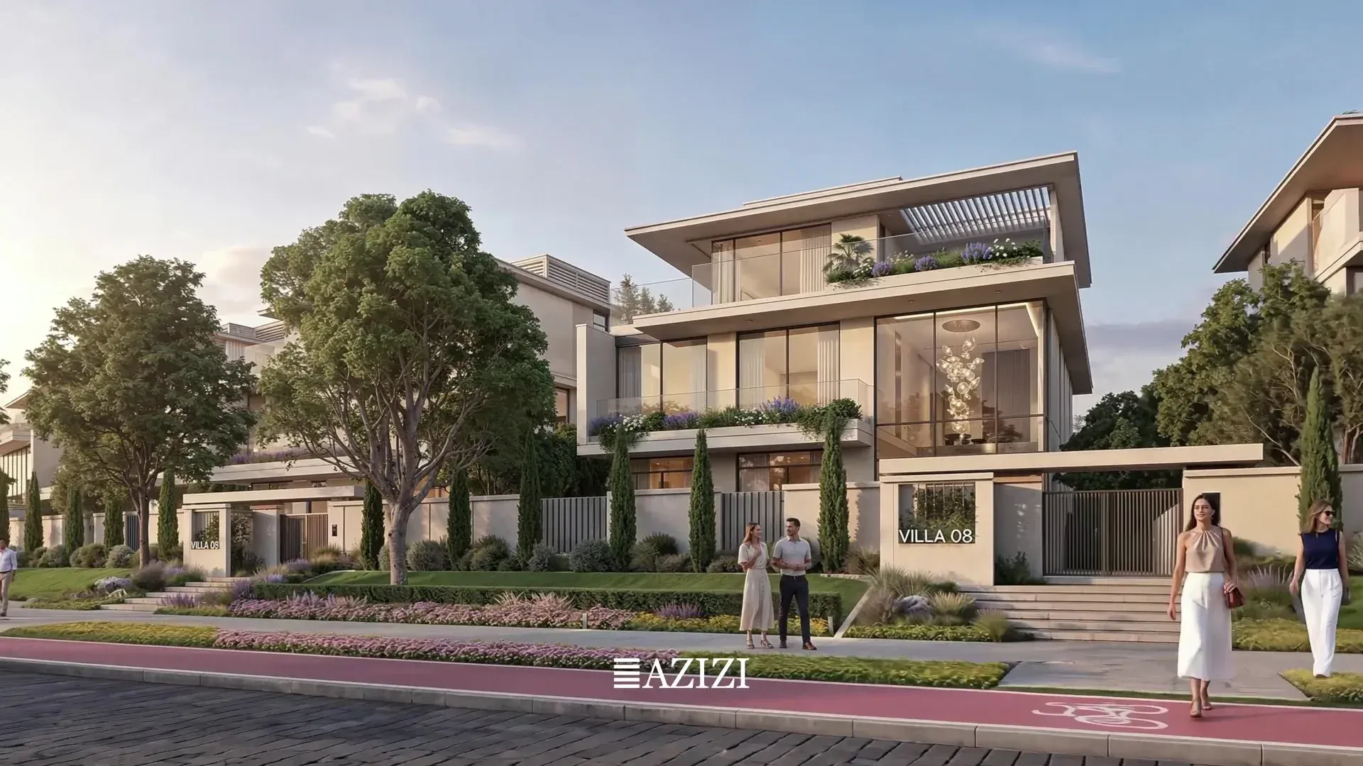 Exterior of a detached villa at Azizi Florence with private garden, driveway and landscaped frontage
