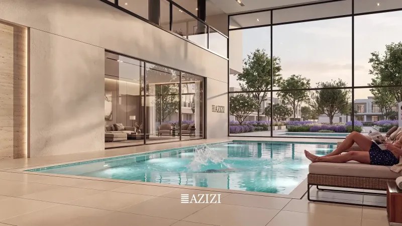 Swimming pool and shaded terrace of a villa at Azizi Florence, Um Fanain, Sharjah