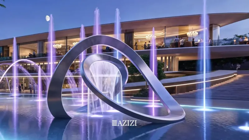 Illuminated sculptural water feature at Azizi Florence after dark