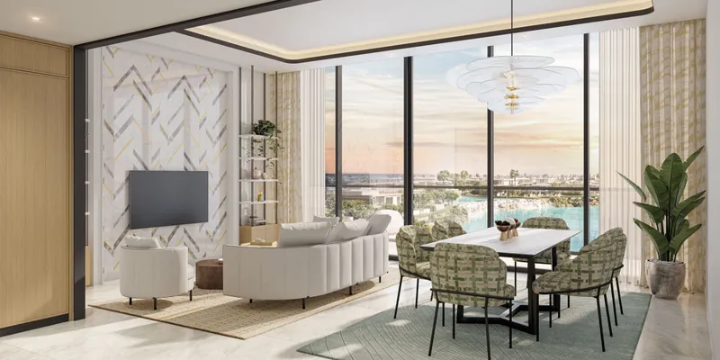 Living and dining room with floor-to-ceiling windows at Azizi Venice
