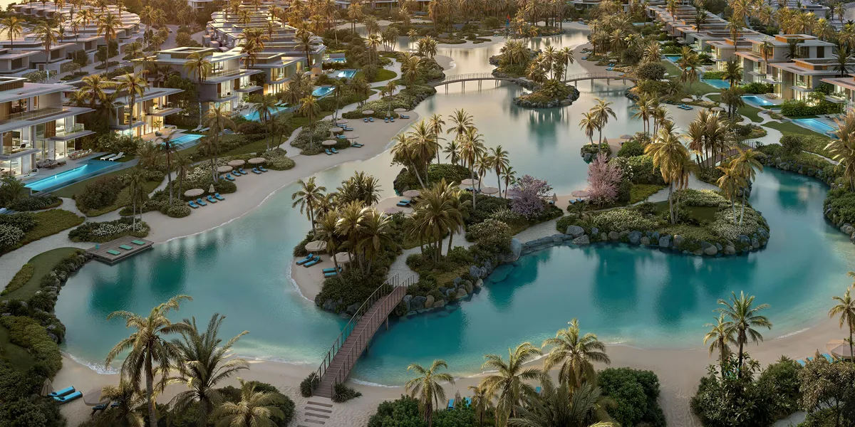 Main swimming lagoon at Bay Estate with a small island yoga area reached by a footbridge