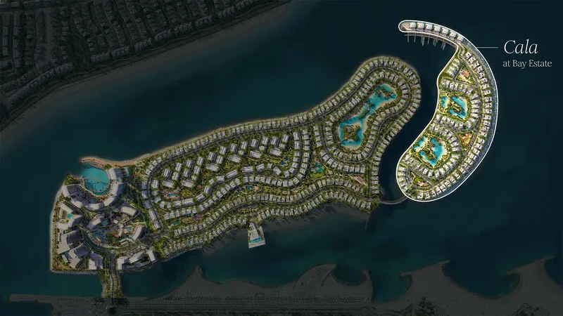 Aerial map of Bay Estate on Dubai Islands with the Cala waterfront collection marked