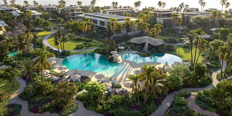 Pool clubhouse at Bay Estate with lagoon-style pools
