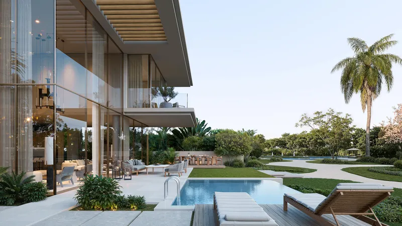 Bay Estate villa terrace with a private pool, loungers and landscaped garden on Dubai Islands
