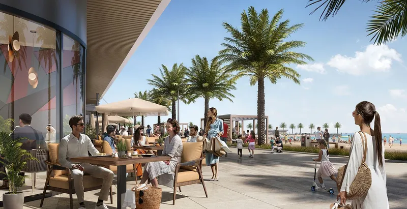 Render of a café terrace with palm trees at the base of Bayview