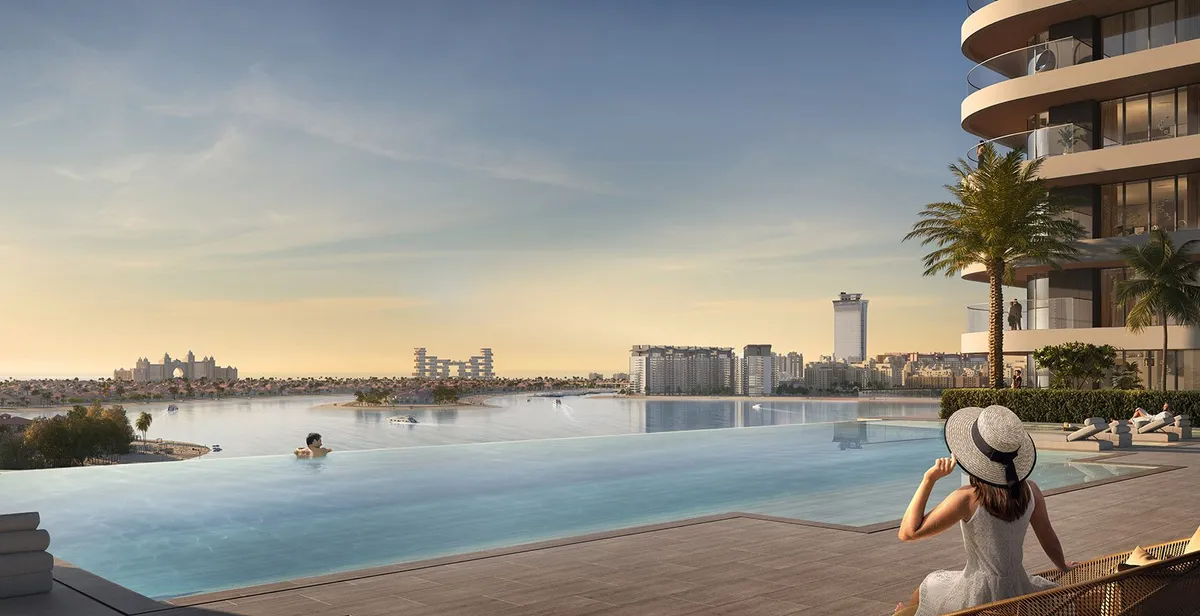 Render of the Bayview infinity pool looking towards Palm Jumeirah and the Dubai Harbour waterfront