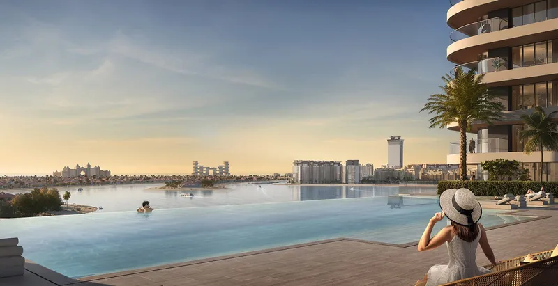 Render of the Bayview infinity pool looking towards Palm Jumeirah and the Dubai Harbour waterfront