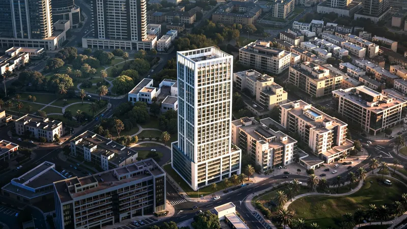 Aerial render of the Binghatti Etherea tower rising above the low-rise streets of Jumeirah Village Circle