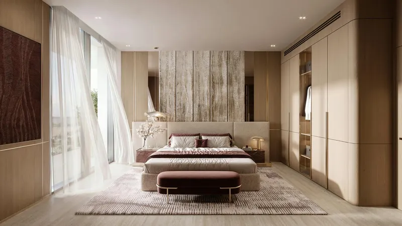 Render of a bedroom in a Binghatti Etherea apartment