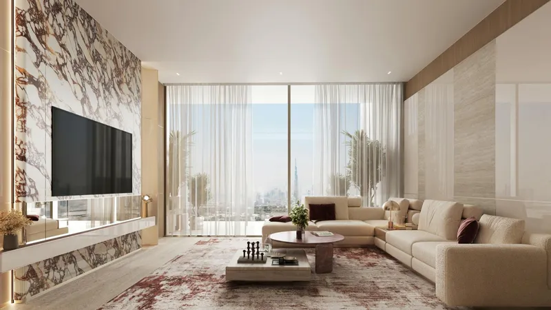 Render of an open-plan living room in a Binghatti Etherea apartment