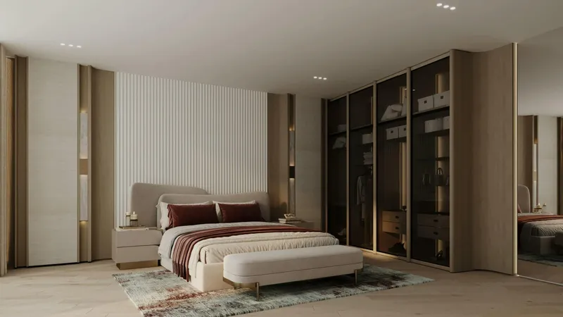 Render of a bedroom with a walk-in wardrobe in a Binghatti Flare apartment