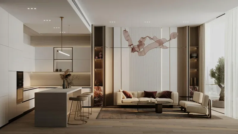 Render of an open-plan living room and kitchen in a Binghatti Flare apartment