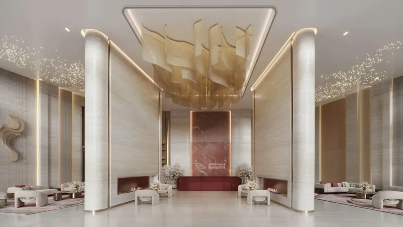Render of the double-height Binghatti Flare lobby with sculptural ceiling and lounge seating