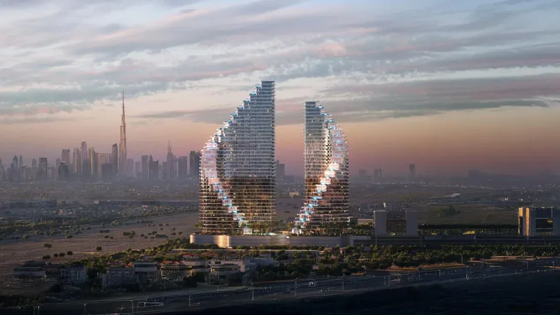 Computer-generated render of the two curved Binghatti Flare towers in Jumeirah Village Triangle at dusk, with the Dubai skyline behind