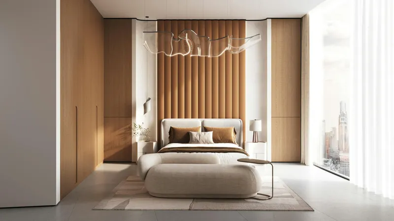 Bedroom with timber headboard wall and full-height window at Binghatti Skyflame
