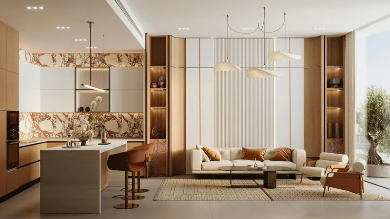 Open-plan living room and kitchen in a Binghatti Skyflame apartment