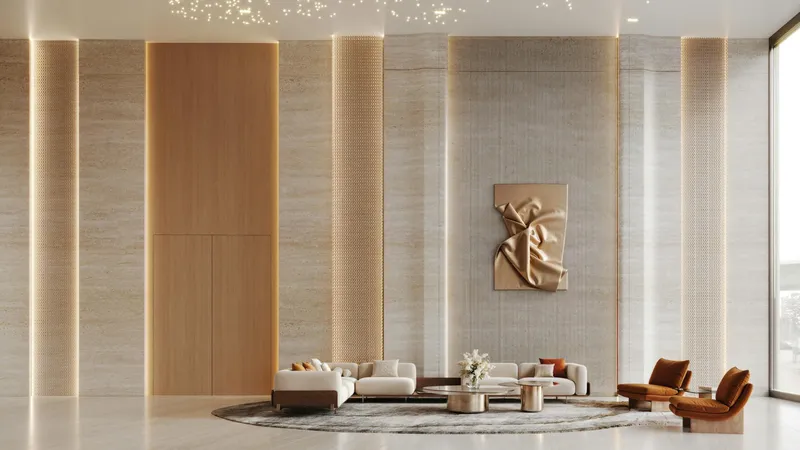 Binghatti Skyflame lobby with marble walls and lounge seating