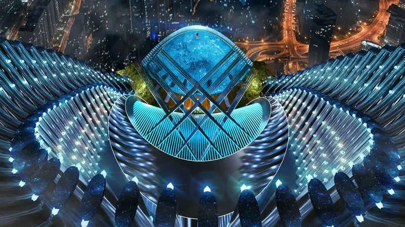 Aerial render looking down on the lit crown of Binghatti Skyblade at night