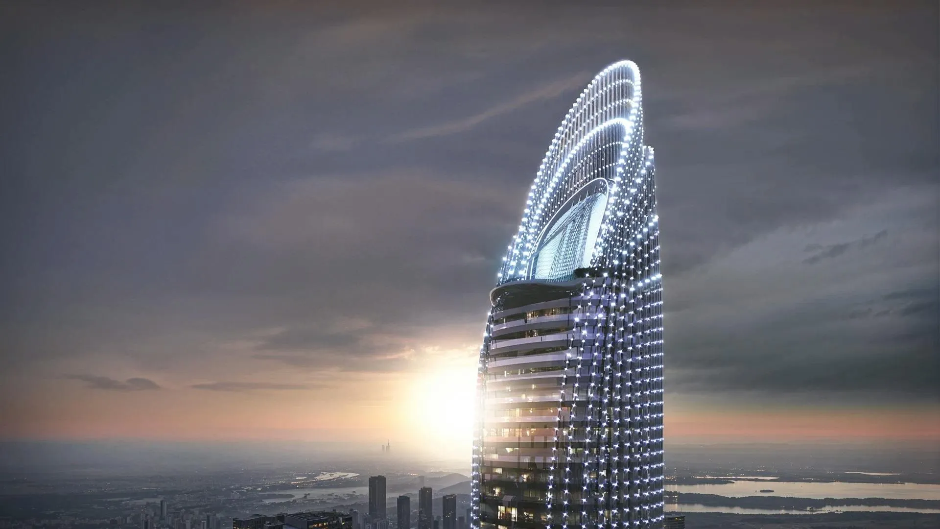 Render of the illuminated crown of Binghatti Skyblade at dusk above Downtown Dubai