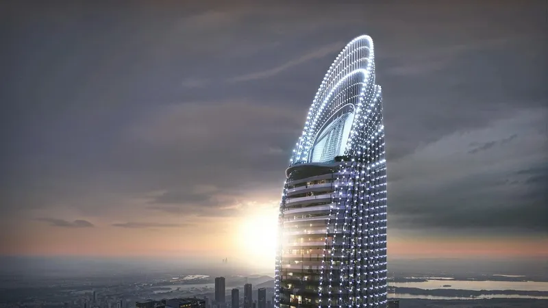 Render of the illuminated crown of Binghatti Skyblade at dusk above Downtown Dubai