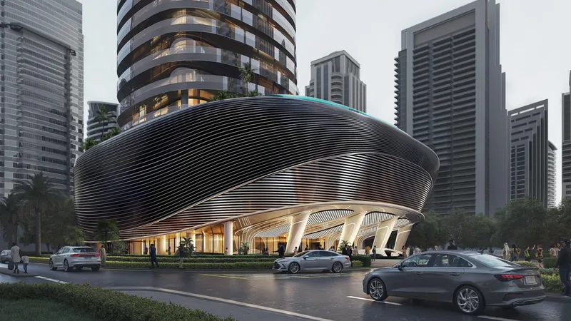 Street-level render of the curved podium and entrance of Binghatti Skyblade in Downtown Dubai