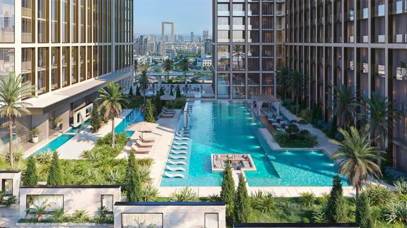 Outdoor leisure and seating areas at Binghatti Spectre