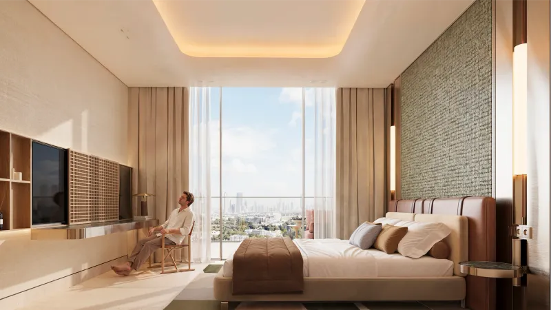 Bedroom interior at Binghatti Spectre with floor to ceiling glazing