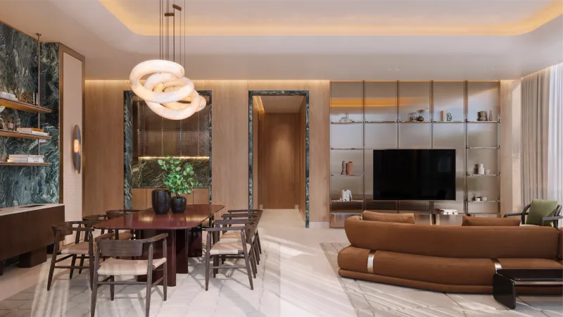 Apartment living space with city views at Binghatti Spectre