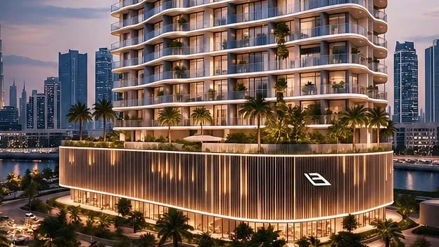 Computer-generated render of Binghatti Starfall in Al Jaddaf, Dubai: the lit podium and lower balconies of the tower above the creek, with the Downtown skyline behind