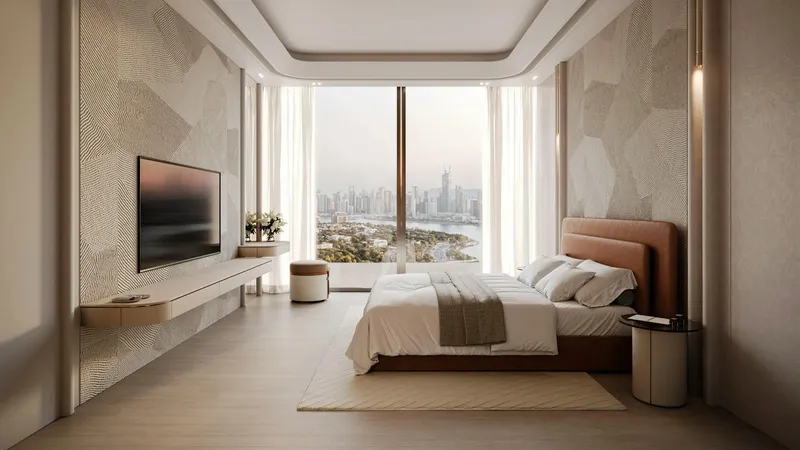 Render of a bedroom with a city view in a Binghatti Vintage apartment