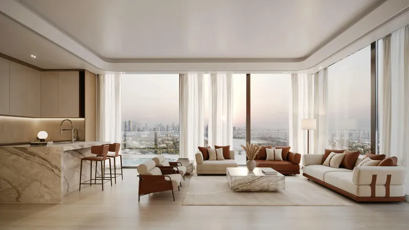 Render of an open-plan living room and kitchen with full-height windows in a Binghatti Vintage apartment