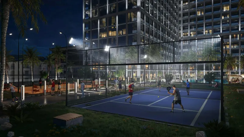 Render of residents playing on the floodlit padel court at Binghatti Vintage