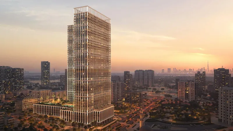 Render of the Binghatti Vintage tower and podium in Majan at sunset