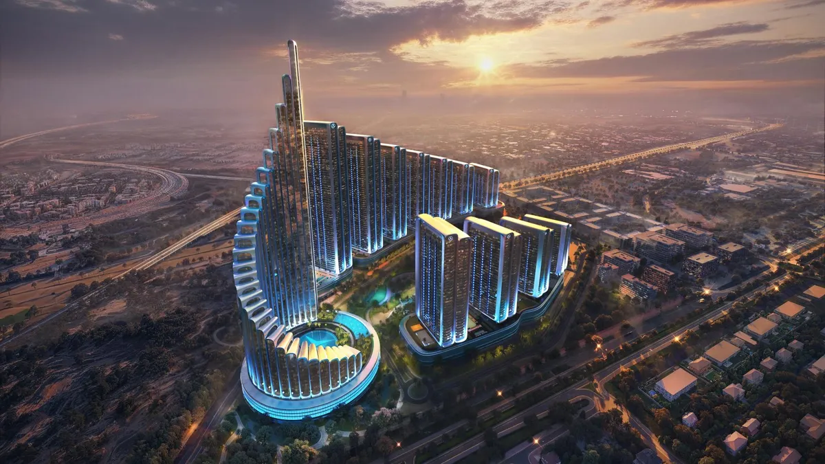Aerial render of the spiralling Vision Iconic tower at sunset, in the foreground of the Binghatti City towers in Nad Al Sheba