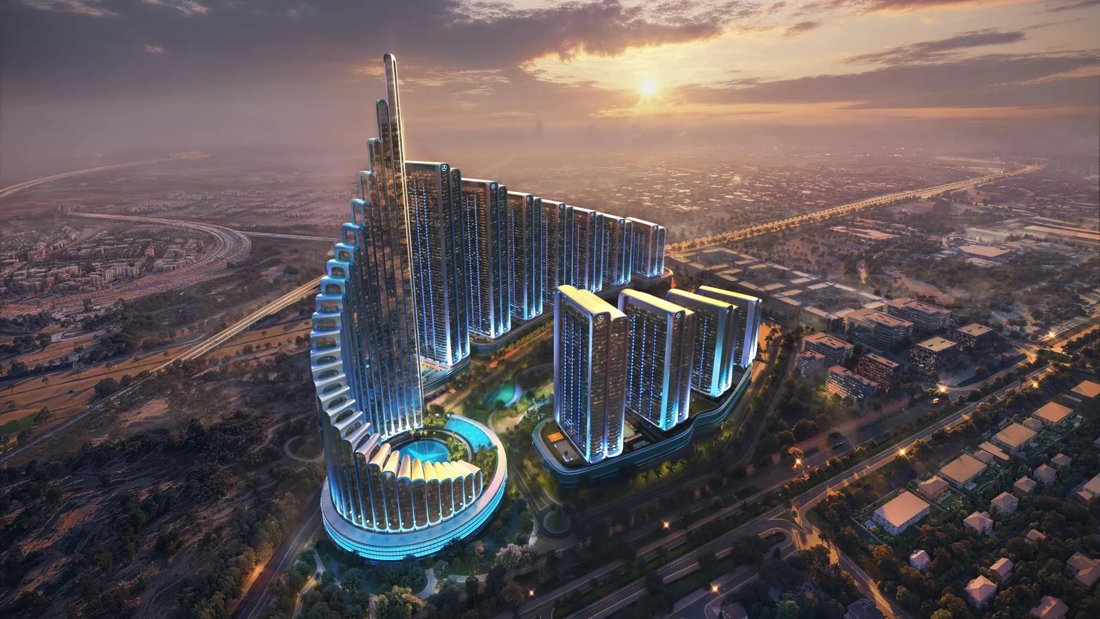 Aerial render of the spiralling Vision Iconic tower at sunset, in the foreground of the Binghatti City towers in Nad Al Sheba
