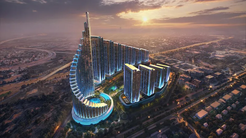 Aerial render of the spiralling Vision Iconic tower at sunset, in the foreground of the Binghatti City towers in Nad Al Sheba