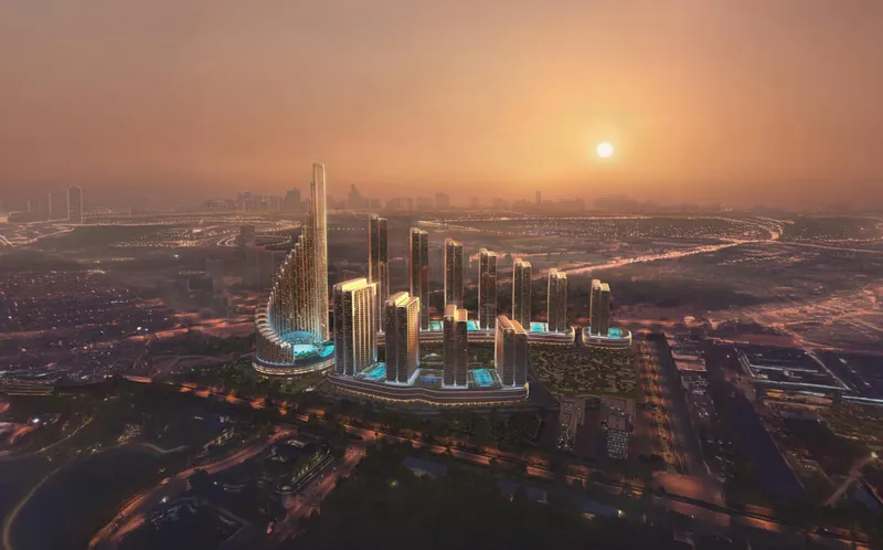 Aerial render of Mercedes-Benz Places Binghatti City at dusk, with the spiralling Vision Iconic tower on the left of the twelve towers