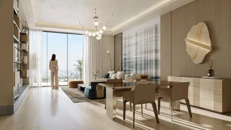 Bedroom and dining render in an apartment at Binghatti Wraith by Binghatti Developers