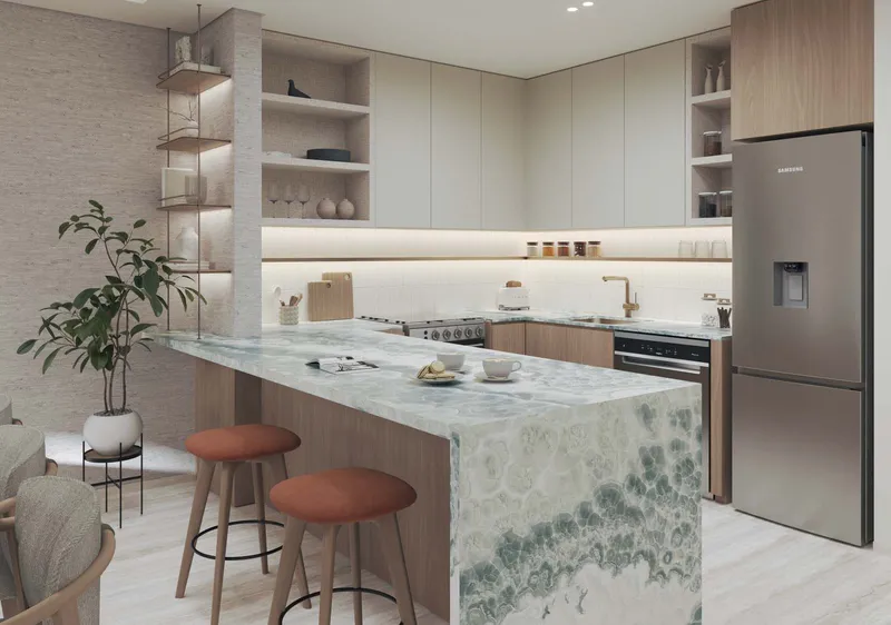 Blue Beach Residence apartment kitchen with breakfast island