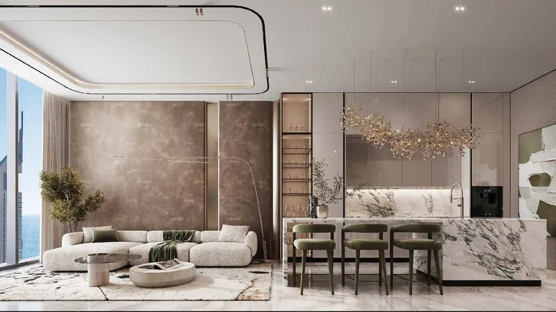 Apartment living and dining room with a marble kitchen island at Burj Azizi