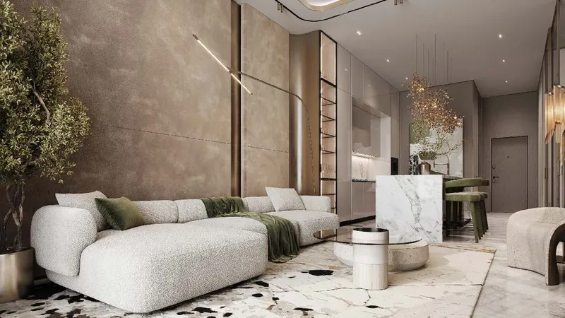 Apartment lounge with a curved sofa and full-height windows at Burj Azizi