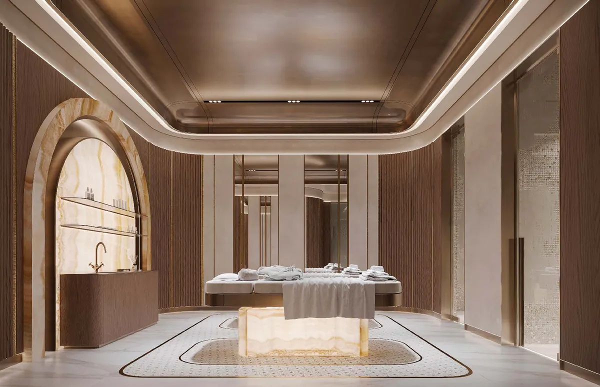 Residents' massage room with an arched vanity niche at Burj Azizi