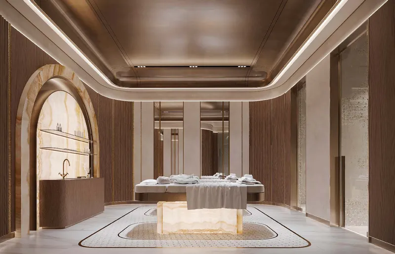 Residents' massage room with an arched vanity niche at Burj Azizi