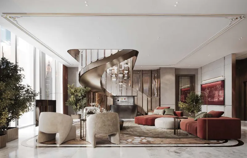 Three-bedroom penthouse living room with a spiral staircase at Burj Azizi