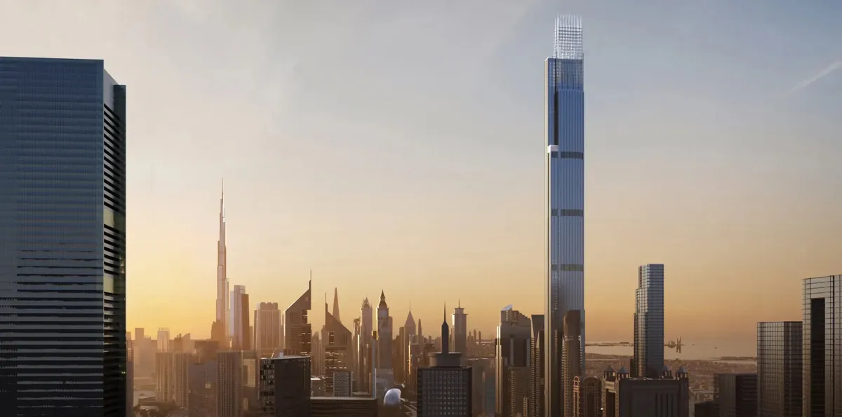 Render of the Burj Azizi tower rising above the Sheikh Zayed Road skyline at sunset